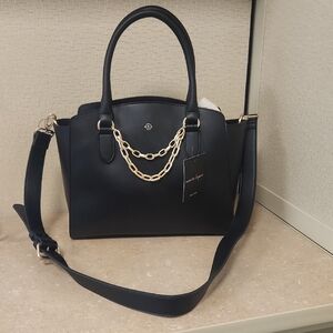 New! Nanette Lepore Black Harlow Solid Satchel With Gold Chain